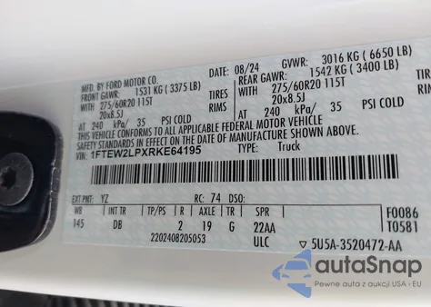 2024 Ford F-150 Stx z USA, uszkodzony, nr VIN 1FTEW2LPXRKE64195